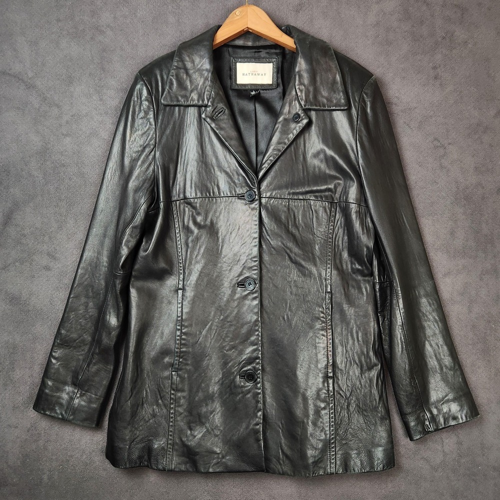 Lady Hathaway Leather Jacket Womens Large Black 3 Button‎ Notch Lapel Blazer 90s